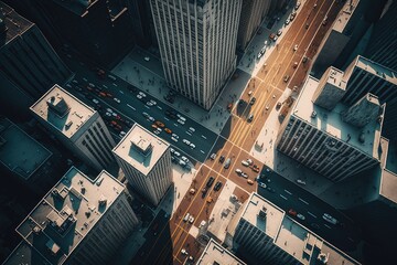 Poster - exterior urban landscape of tall buildings and roads at aerial view of busy city street, created with generative ai