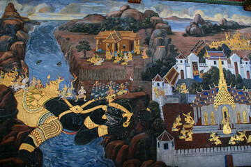 Wall Mural - Historical paintings at the Temple of the Emerald Buddha and Grand Palace in Bangkok