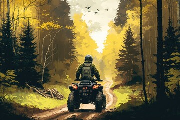 Canvas Print - atv driver on forest trail, with view of towering trees and the sound of wind in the leaves, created with generative ai