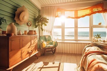 Sticker - cozy retro room with view of the beach, sun shining on the waves, created with generative ai