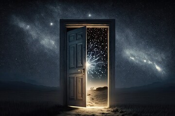 Wall Mural - door, with heavenly light shining through, against starry night sky, created with generative ai