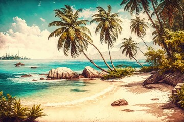 Canvas Print - tropical beach with palm trees and crystal clear water, and messy shoreline in the distance, created with generative ai