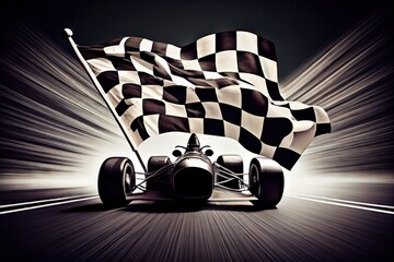 racing car, speeding past the checkered flag, crossing finish line, created with generative ai