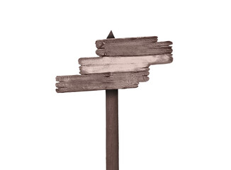 Tree blank old rustic wooden direction signs on a pole, isolated on transparent background with copy-space,png file