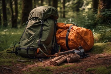 Canvas Print - hiking backpack with rolled up tent and sleeping gear, created with generative ai