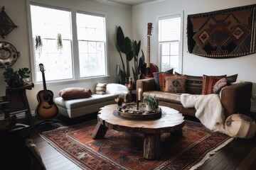 Sticker - bohemian home with eclectic mix of vintage and modern furnishings, created with generative ai