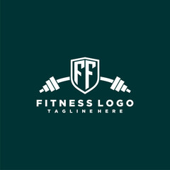 FF initial monogram for fitnes or gym logo with creative shield and barbell design