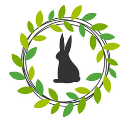 Wall Mural - Easter bunny in circle green leaf wreath. Spring plant design element.