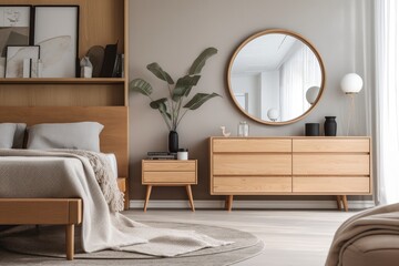 Poster - mid-century modern dresser, with sleek and minimalist design, in a bedroom, created with generative ai