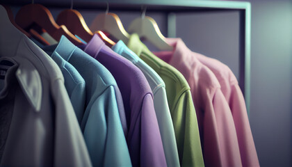 Fashion clothes on clothing rack. Closeup of rainbow color choice of trendy female wear on hangers in store closet or spring cleaning concept. Al generated