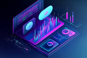 Sticker - isometric, Analysis trends and software development concept. Generative AI. 