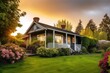 © Natalia - cozy house exterior with lush green garden, inviting porch, and stunning sunset view, created with generative ai