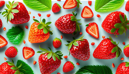 juicy strawberries and wild strawberries on gray background. top