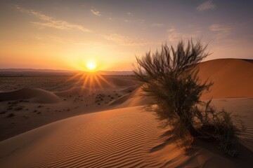 Sticker - desert dunes in the early morning, with a view of the sunrise, created with generative ai