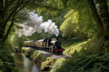 Wall Mural - steam train chugging through woodland, with trees and streams in the background, created with generative ai