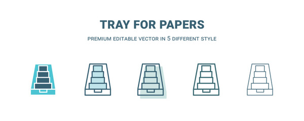 tray for papers icon in 5 different style. Outline, filled, two color, thin tray for papers icon. Editable vector can be used web and mobile