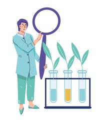 Biology and bioengineering specialist character, flat vector illustration isolated on white background. Biotechnology and food engineering, food safety control and nutrition quality certification.