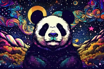 Wall Mural - trippy panda with starry night sky in the background, created with generative ai