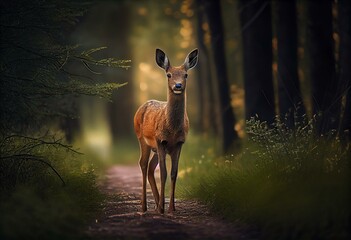 Wall Mural - Roe deer in alert mode on a summer forest trail. Generative AI