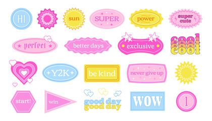 Poster - Y2K retro labels with short phrases and motivations, sticker pack, vector collection of tags and stickers in retro style.
