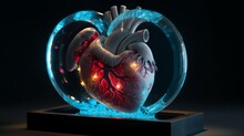 Artificial Human Heart With Complex Medical Mechanisms Made Of Plastic And Precious Metal. Created With Generative AI.