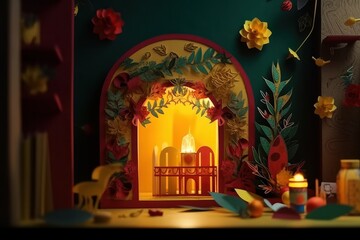 Wall Mural - 3d illustration of a christmas tree and decoration made of colorful paper on the background of chris
