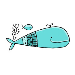 Poster - Funny wild whale character. Childish style icon, turquoise colors. Isolated on white for your design