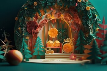 Wall Mural - 3d illustration of a christmas tree and decoration made of colorful paper on the background of chris