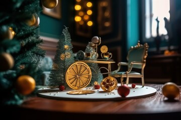 Wall Mural - 3d illustration of christmas tree and decoration made of colorful paper on the background of christm