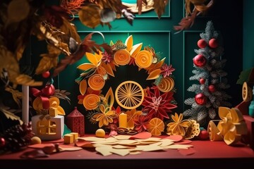 Wall Mural - 3d illustration of christmas tree and decoration made of colorful paper on the background of christm