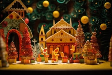 Wall Mural - 3d illustration of christmas tree and decoration made of colorful paper on the background of christm
