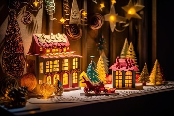 Wall Mural - 3d illustration of christmas tree and decoration made of colorful paper on the background of christm