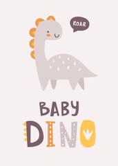 Wall Mural - cute dino print with text. poster with abstract little dinosaur and lettering. scandinavian print wi