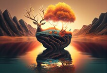 3d Illustration Landscape Art. Golden Tree, Deer And Sun In Light Background With Colorful Stone In Water. Generative AI