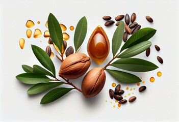 Argan seeds isolated on a white banner background. Argan oil nuts with plant. Cosmetics and natural oils background. Generative AI