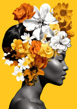 Vintage Illustration Of A Beautiful African Woman With Colorful Flowers On Her Head, Yellow Background, Collage, Collage, Pin Up, Pop Art, Generative AI