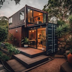 Poster - Modern metal building made from shipping containers and in forest and blue sky background. container house design in forest. Generative Ai