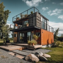 Poster - Modern metal building made from shipping containers and in forest and blue sky background. container house design in forest. Generative Ai