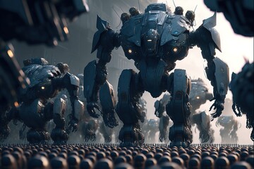 Scifi military robot or battlemech of futuristic army with robot soldiers standing in the background during army march or parade for sci fi game development concept. Superb Generative AI.