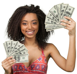 Wall Mural - Young afro american woman with money banknotes isolated on white