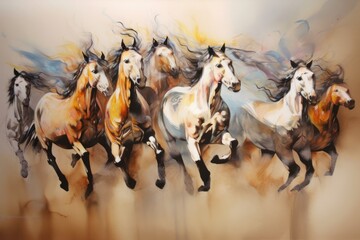 Horses in motion, watercolor painting on canvas, hand drawing