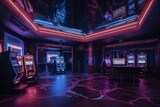 Fototapeta Londyn - Futuristic luxury casino interior with neon lights, Night club. Blue and purple toned