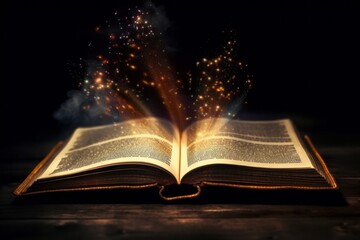 Open book with magic firework on wooden table. Halloween concept, generative Ai