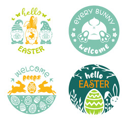 Wall Mural - Easter round sign, emblems and labels with quotes. Set of vector holiday designs with bunny, eggs.