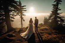 Wedding Silhouette Couple Posing On Sunset In Beautiful Forest At Wedding Day. Bride And Groom In Love. Non-existent Person. Generative Ai.