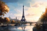 Fototapeta Paryż - Paris, France. Eiffel Tower and Seine River in the morning, style of digital fantasy landscapes, concept art, Illustration style, Generative Ai