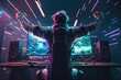 © Angus.YW - Young gamer playing video games at home with a computer and headphones in a neon light. The concept of online gaming, esports, celebrating victory, cyberpunk style, Generative Ai