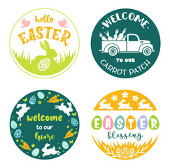 Wall Mural - Easter round frame with bunny and eggs. Holiday sign, emblems and labels with quotes. Set of vector badge.