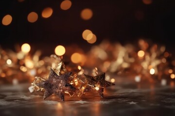 Wall Mural - Christmas decoration on wooden table with bokeh lights background, shallow depth of field, Generative Ai