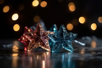 Wall Mural - Christmas decoration on wooden table with bokeh lights background, shallow depth of field, Generative Ai